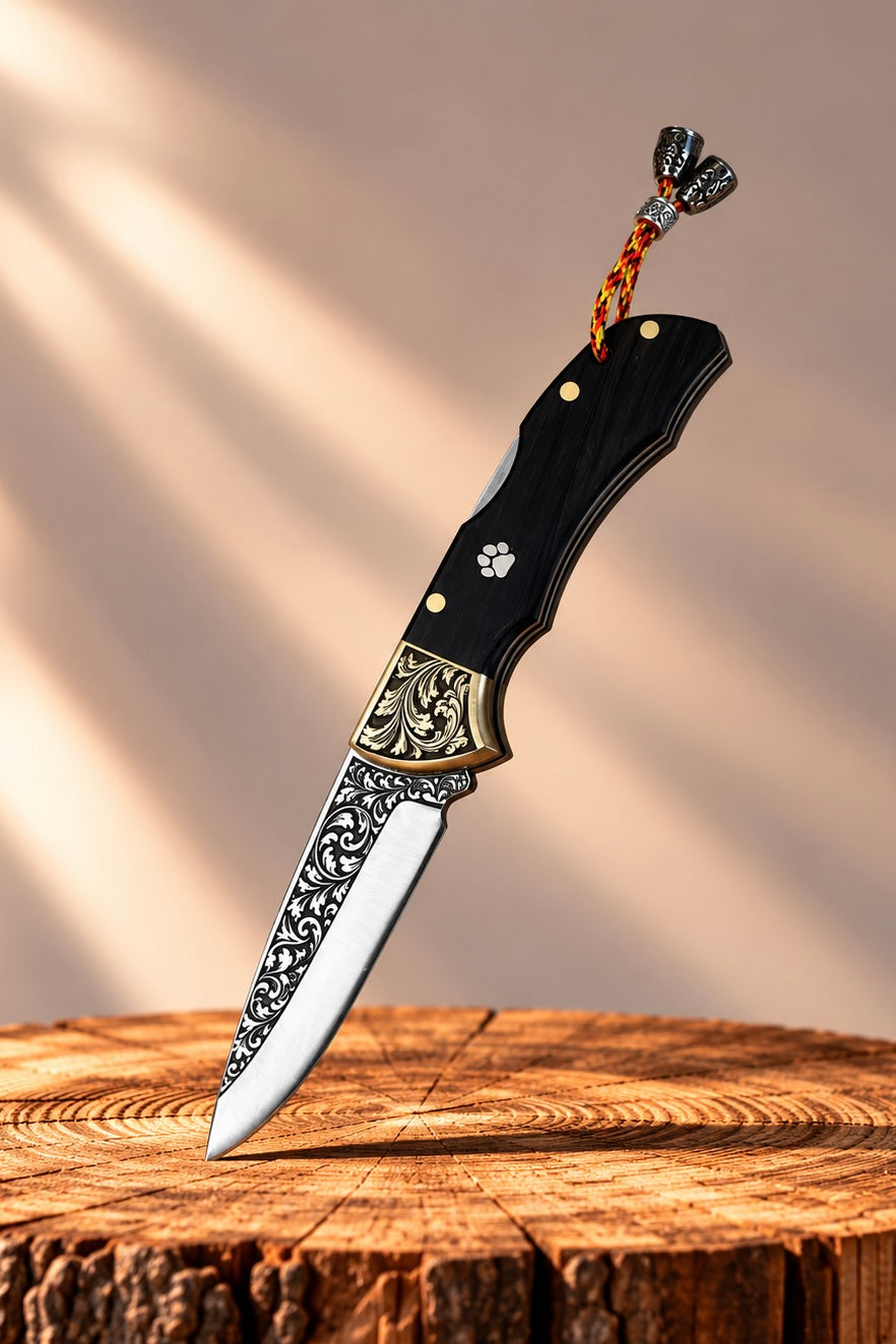 19 Cm Siyah Mikarta Kabza Özel Gravür İşlemeli N690 Çelik Çakı