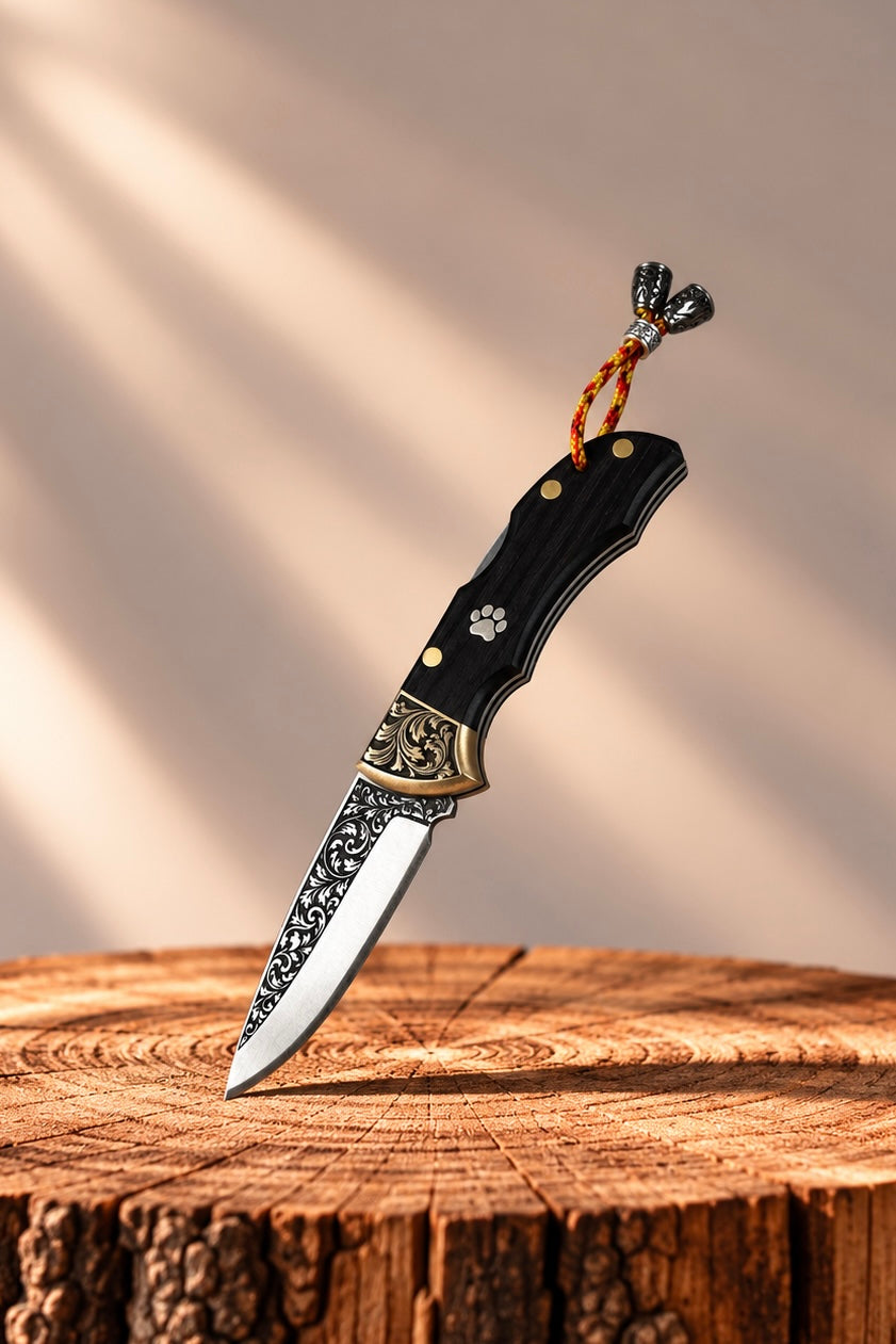 17 Cm Siyah Mikarta Kabza Özel Gravür İşlemeli N690 Çelik Çakı
